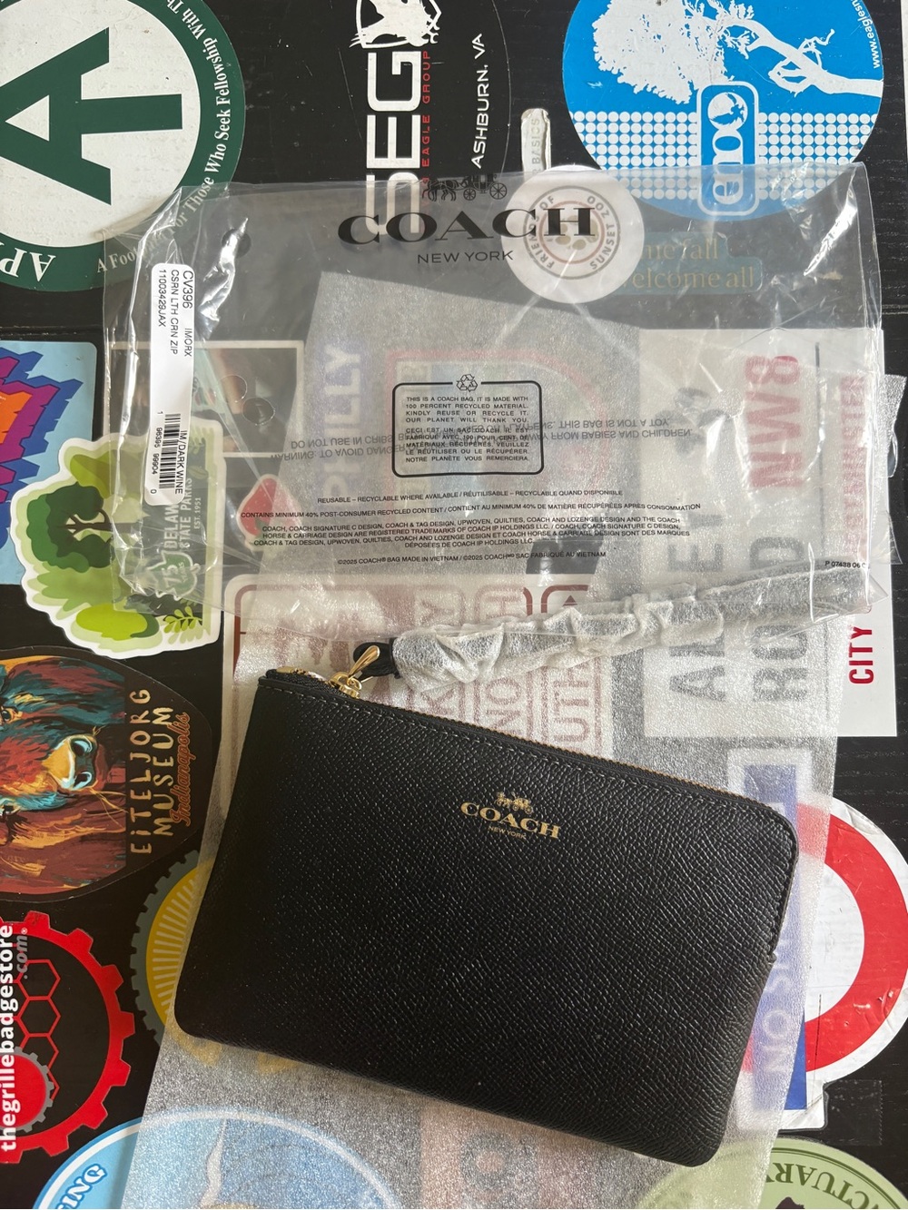 COACH Black Leather Zip Card & Key Wristlet